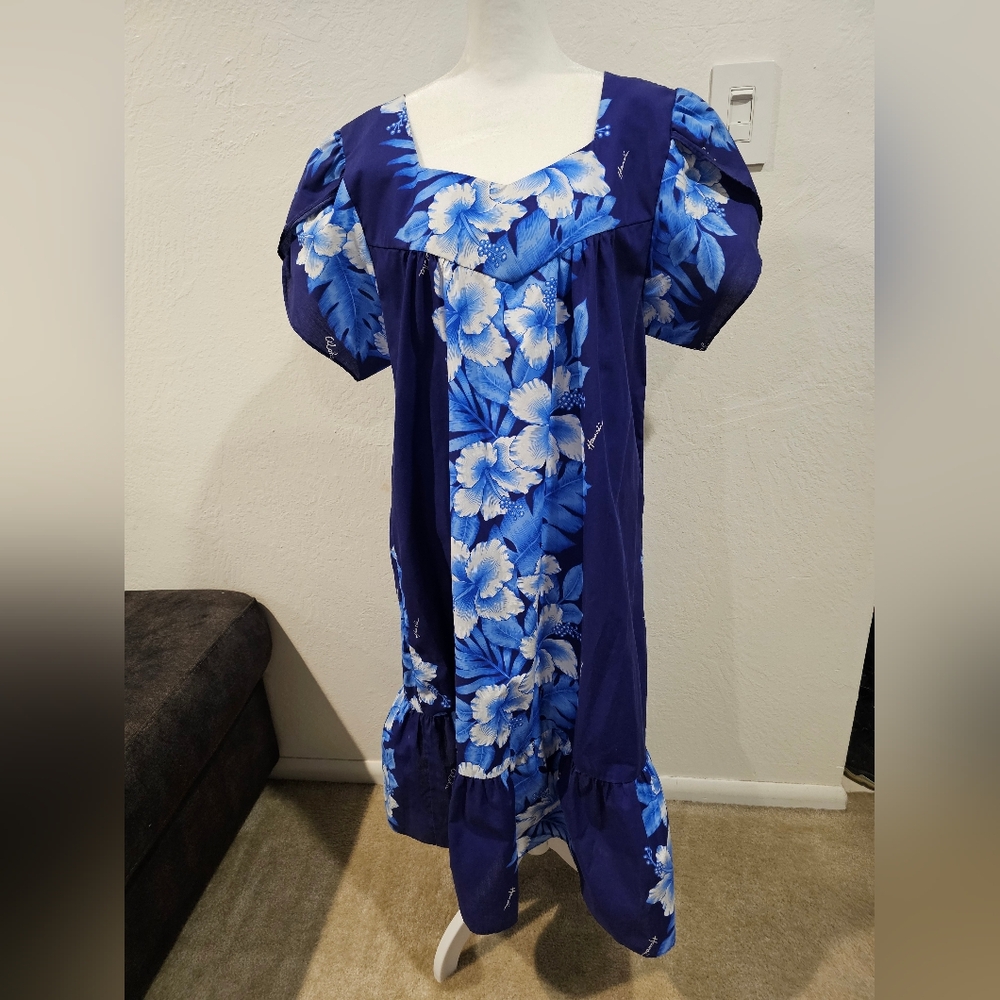 Kalena Fashions of Hawaii Dress Vintage 1990's Blue Floral XL NWOT